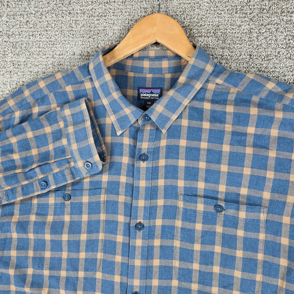 Patagonia Mens XXL Blue Tan Plaid Pima Cotton Long Sleeve Button Up Shirt